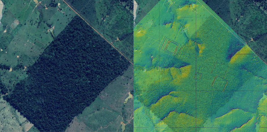 Left: A geoglyph visible in a satellite image of a cleared forest opening. Right: Geoglyphs identified in a hillshade surface model generated from a LiDAR point cloud from the same area.